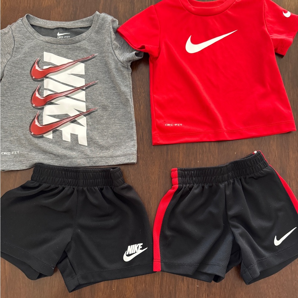 Nike Kids Red and Gray T-Shirt Set with Black Shorts